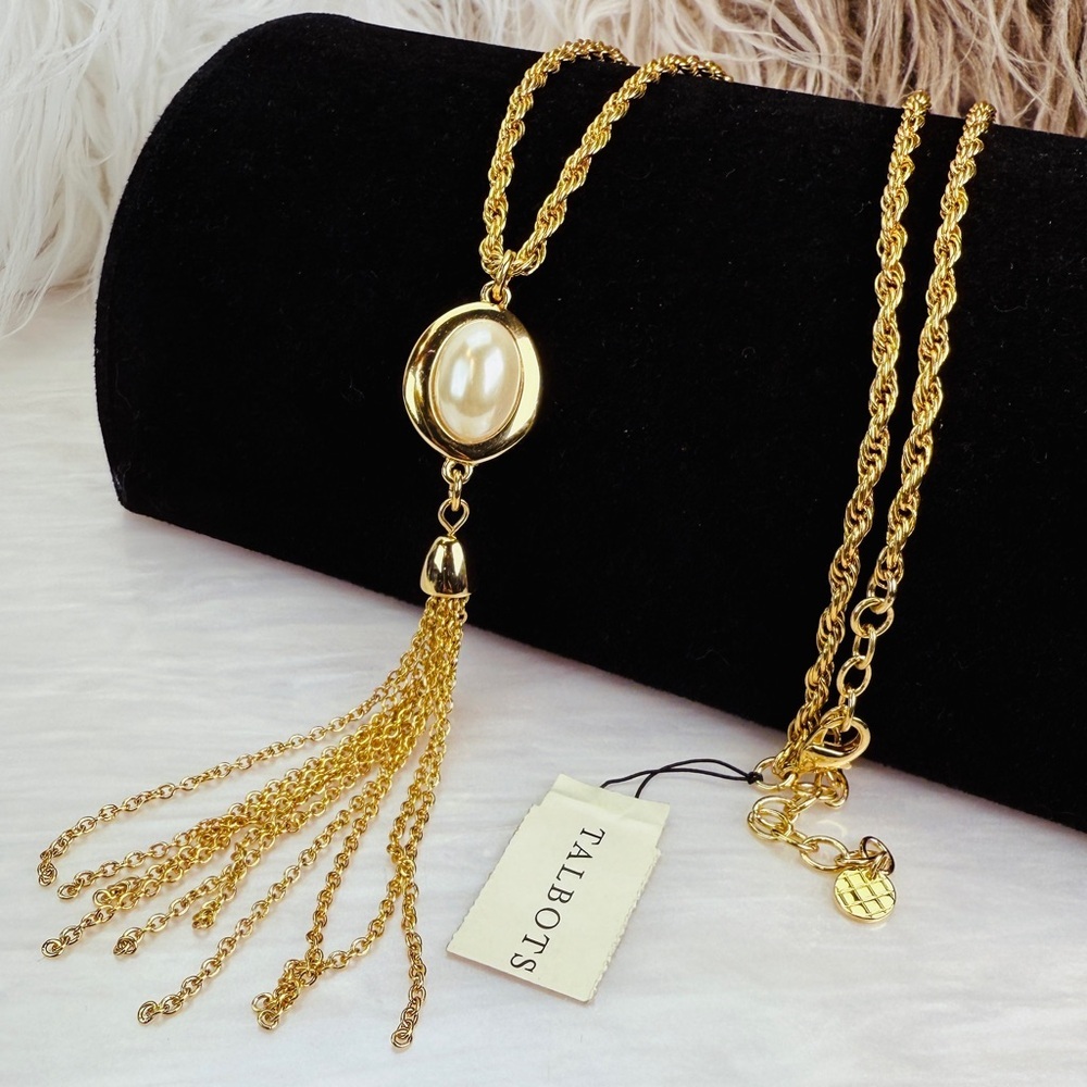 Elegant Goldtone Faux Pearl Tassel Long Necklace
